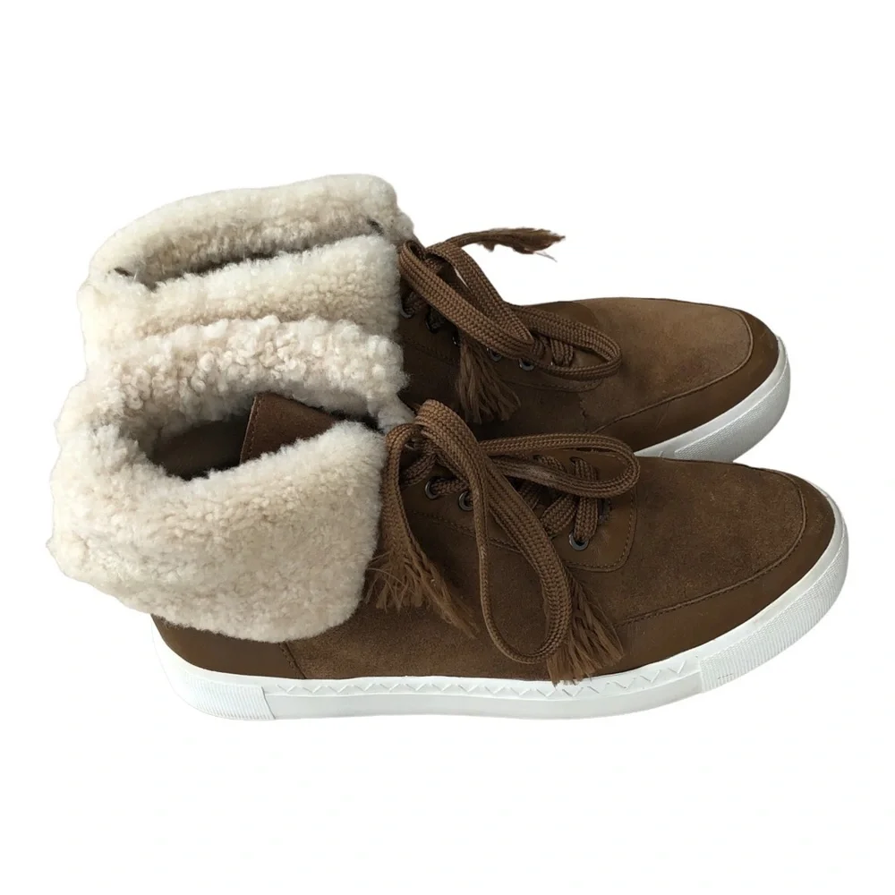 Via Spiga Maia Shearling Cuff Sneaker Rattan Napa/Suede‎  Size US 6M.